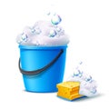 Vector 3d bucket and sponge with soapy bubbles Royalty Free Stock Photo