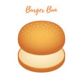 Vector 3d burger bun. Hamburger bread, bakery product, cheeseburger with sesame.