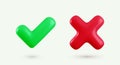 Vector 3d checkmarks icon set. Glossy yes tick and no cross buttons. Green plastic check mark and red X symbol realistic