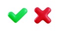 Vector 3d checkmarks icon set. Glossy yes tick and no cross buttons isolated on white background. Green plastic check