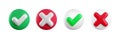 Vector 3d checkmarks icon set. Round glossy red, green and white yes tick and no cross buttons isolated on white