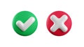 Vector 3d checkmarks icon set. Round glossy yes tick and no cross buttons isolated on white background. Check mark and X