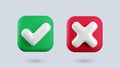 Vector 3d checkmarks icon set. Square glossy yes tick and no cross buttons with shadow. Check mark and X symbol in green Royalty Free Stock Photo