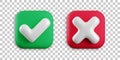 Vector 3d checkmarks icon set. Square glossy yes tick and no cross buttons on transparent background. Check mark and X Royalty Free Stock Photo