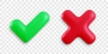Vector 3d checkmarks icon set on transparent background. Glossy yes tick and no cross buttons with shadow. Green plastic Royalty Free Stock Photo
