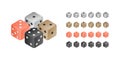 Vector 3D dice. Set of four different color casino dices: white, black, red and brown wooden. Vector game dices, isolated on white