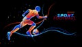 Vector 3d football player with neon light lines isolated on black background with colorful spots. Liquid design with