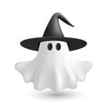 Vector 3d Ghost with Witch Hat. Cute Simple White Ghost Vector Illustration. Halloween Ghost Character with Black Wizard Hat and Royalty Free Stock Photo