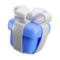 Vector 3d gift box icon. Cute realistic holiday blue present with silver ribbon, bow isolated on white. Minimal 3d render surprise Royalty Free Stock Photo