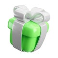 Vector 3d gift box icon. Cute realistic holiday green present with silver ribbon, bow isolated on white. Minimal 3d Royalty Free Stock Photo