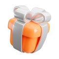 Vector 3d gift box icon. Cute realistic holiday orange present with silver ribbon, bow isolated on white. Minimal 3d Royalty Free Stock Photo