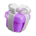 Vector 3d gift box icon. Cute realistic holiday violet present with silver ribbon, bow isolated on white. Minimal 3d Royalty Free Stock Photo