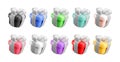 Vector 3d gift box icons big set. Cute realistic holiday pink, purple, red, green, white, yellow present with silver ribbon and Royalty Free Stock Photo