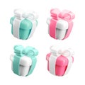 Vector 3d gift box icons set. Cute realistic holiday pink, white and mint present with ribbon and bow. 3d render