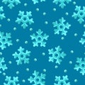 Vector 3d glossy blue snowflake seamless pattern on blue background. Cute Christmas, New year and winter shiny frozen snow Royalty Free Stock Photo