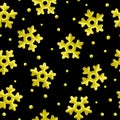 Vector 3d glossy golden snowflake seamless pattern on black background. Cute Christmas, New year and winter shiny frozen Royalty Free Stock Photo