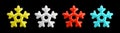 Vector 3d glossy snowflakes icon set on black background. Cute realistic blue, white, gold and red winter shiny frozen snow symbol Royalty Free Stock Photo