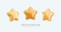 Vector 3d gold glitter textured star icons set. Cute realistic cartoon star projections 3d render, glossy sparkling star