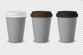 Vector 3d Gray Realistic Disposable Closed Paper, Plastic Coffee Cup for Drinks with White, Brown and Black Lid Set Royalty Free Stock Photo