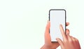 Vector 3D hand holding smartphone with white blank screen isolated and touching phone mockup template on background Royalty Free Stock Photo
