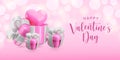 Vector 3d Happy Valentines Day banner template. Cute cartoon love gift box concept. Realistic 3d render pink open Royalty Free Stock Photo