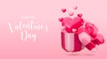 Vector 3d Happy Valentines Day Love banner template. Cute cartoon gift box concept. Realistic 3d render pink open Royalty Free Stock Photo