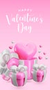 Vector 3d Happy Valentines Day vertical banner template. Cute cartoon love gift box concept. Realistic 3d render pink Royalty Free Stock Photo