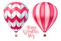 Vector 3d hot air pink red ballons with stripes. Cartoon illustration with lettering for happy Valentine day. Realistic model isol