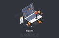 Vector 3D Illustration. Cartoon Isometric Design With Infographics. Big Data Concept Art. Laptop With Information On