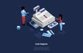 Vector 3D Illustration In Cartoon Style. Isometric Composition On Dark Background. Huge Cash Register Machine With