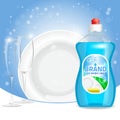 Vector 3d illustration of dishwashing liquid product advertisement. Plastic bottle label design. Washing-up liquid or Royalty Free Stock Photo