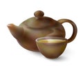 Vector 3d illustration of a tea in brown ware. Clay teapot and cup of hot tea on a white background. Royalty Free Stock Photo