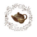 Vector 3d illustration of a tea in brown ware. Clay teapot and cup of hot tea on a white background. Hand drawn frame of Royalty Free Stock Photo