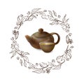 Vector 3d illustration of a tea in brown ware. Clay teapot and cup of hot tea on a white background. Hand drawn frame of Royalty Free Stock Photo