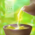 Vector 3d illustration of a tea ceremony. From the kettle filled with hot cup of tasty drink. Teapot, bowl and green tea Royalty Free Stock Photo