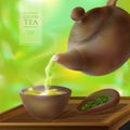 Vector 3d illustration of a tea ceremony. From the kettle filled with hot cup of tasty drink. Teapot, bowl and green tea leaves Royalty Free Stock Photo