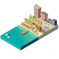 Vector 3d isometric beach. Hotels on boardwalk