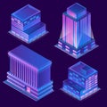 Vector 3d isometric buildings with neon illumination