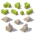 Vector 3d isometric green bushes, stones, rocks