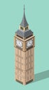 Vector 3d isometric icon of Big Ben with flat style background and shadow Royalty Free Stock Photo