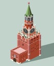 Vector 3d isometric icon of Spasskaya Tower of Moscow Kremlin with flat style colored background and shadow