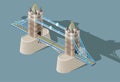 Vector 3d isometric icon of Tower Bridge with flat style colored background and shadow Royalty Free Stock Photo