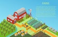 Vector 3d isometric rural farm concept background with mill, garden field, trees, tractor combine harvester, house