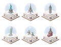 Vector 3d isometric snow globes with world famous landmarks inside. Collection of christmas illustrations isolated on white backgr Royalty Free Stock Photo