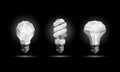 Vector 3d low poly light bulbs model set. Glowing polygonal led bulb illustration on a black background.