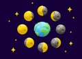 Vector 3d moon phases and Earth icon set Royalty Free Stock Photo