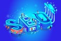 Isometric Word Seo on Gradient Blue Background