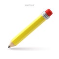 Vector 3D Pencil icon. Realistic wooden yellow pencil with rubber eraser. 3D vector illustration isolated on white Royalty Free Stock Photo