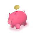 Vector 3d piggy bank icon with gold dollar. Cute pink money savings piggybank render with coin and soft shadow Isolated