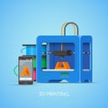 Vector 3D printin concept poster in flat style. Industrial printer print objects from smartphone.